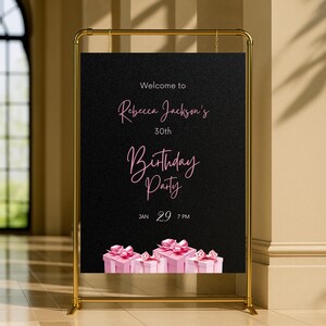 Editable Black and Pink Birthday Welcome Sign for Women, Printable Black Pink Birthday Party Sign, Classy Gifts Birthday Poster Template