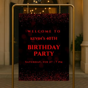 Editable Red and Black Birthday Welcome Sign, Printable Black and Red Birthday Party Sign, Classy Glitter Birthday Poster Template