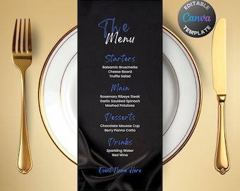 Editable Navy Blue and Black Menu, Printable Black Dinner Menu, Classy Satin Silk Party Menu, Luxury Blue Watercolor Birthday Menu Template