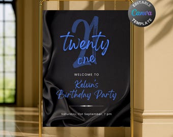 Editable Black and Blue Birthday Welcome Sign for Men, Printable Navy Blue Birthday Party Sign, Classy Satin Silk Birthday Poster Template