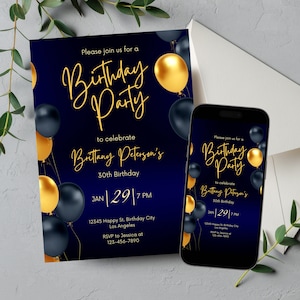 Convite de aniversário editável em azul e dourado para homens, convite para festa de aniversário em azul marinho para impressão, modelo de convite com texto e balões elegantes