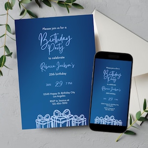 Editable Ocean Blue Birthday Invitation, Printable Sky Blue Birthday Party Invitation, Elegant Shades of Blue Text Invite Template