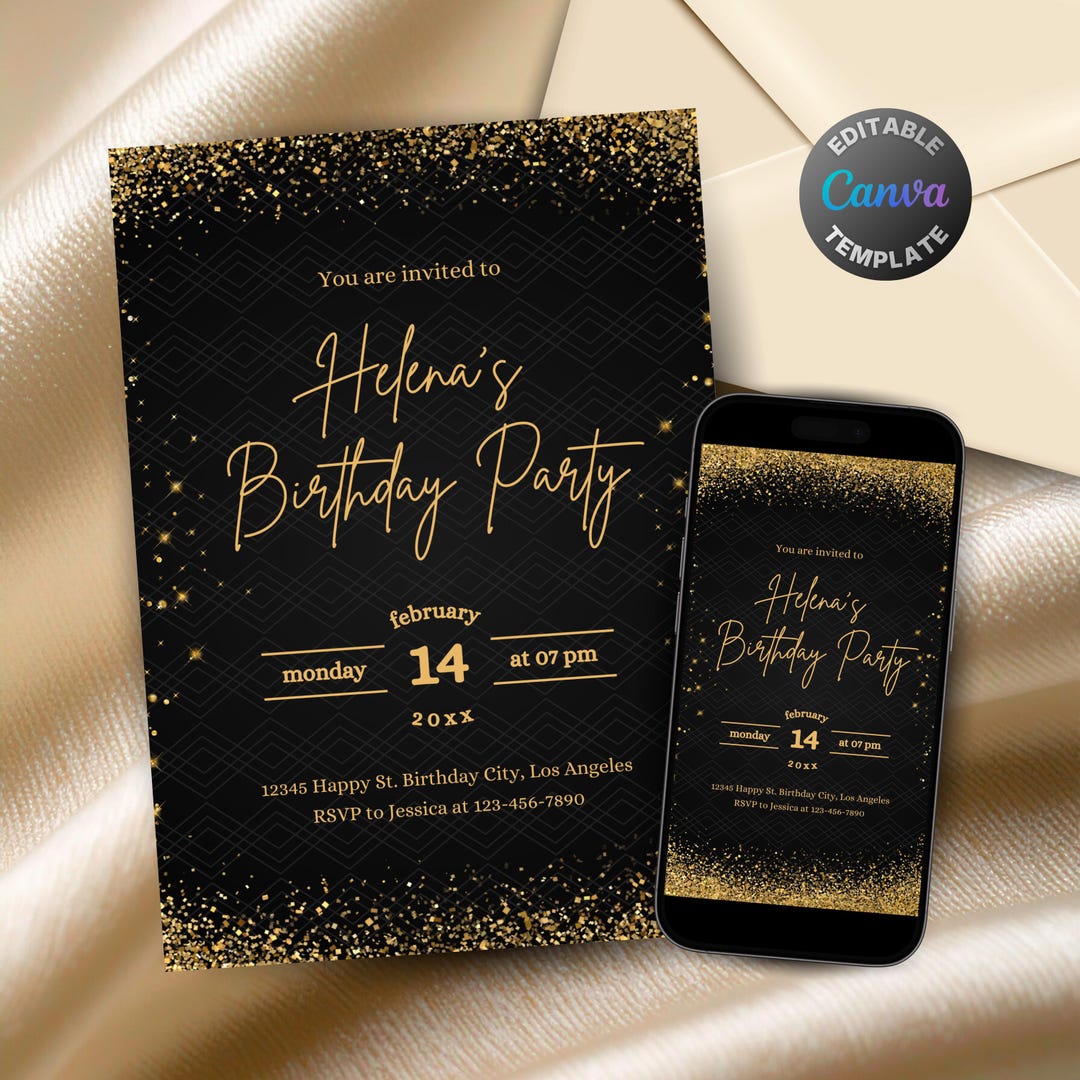 Editable Gold and Black Birthday Invitation for Women, Feminine Gold ...
