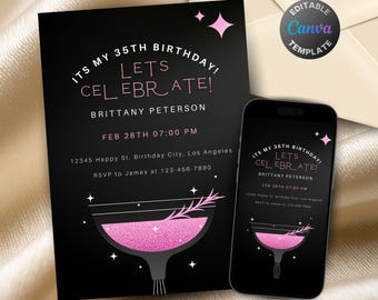 Editable Pink Champagne Birthday Invitation, Printable Black and Pink Birthday Party Invitation, Classy Lets Celebrate Text Invite Template