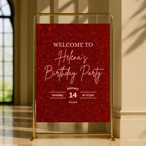 Editable All Red Welcome Sign for Women, Feminine Ruby Red Glitter Birthday Poster, Shades of Red Sparkle Digital Decoration Template