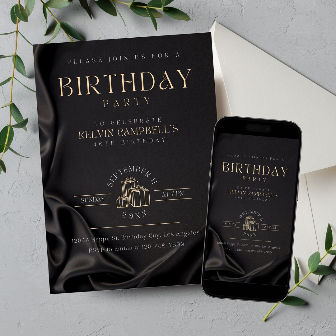 Elegant Digital Editable Birthday Invitation Canva Template, Masculine