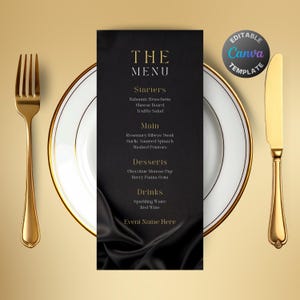Editable Black Satin Gold Menu, Printable Black Gold Dinner Menu, Classy Satin Silk Party Menu, Luxury Black Satin Birthday Menu Template