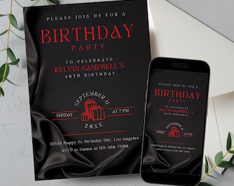 Editable Black and Red Birthday Invitation, Printable All Black Birthday Party Invitation, Classy Black Satin Silk Text Invite Template