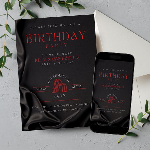 Elegant Digital Editable Birthday Invitation Canva Template, Masculine Satin Silk Black and Red Adult Men Women Feminine, Mobile Phone Party
