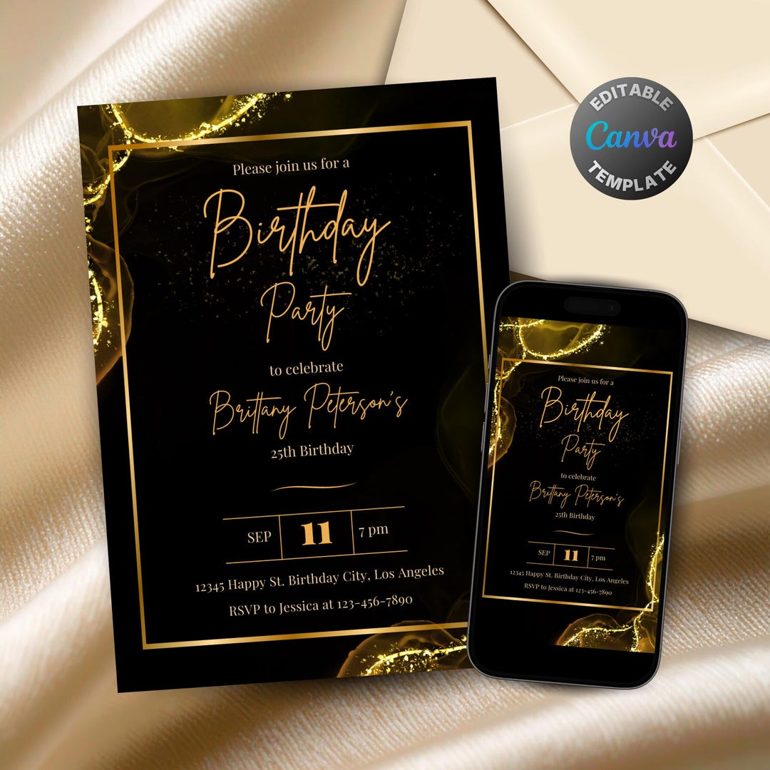 Editable Black and Gold Birthday Invitation, Printable Gold Glitter ...