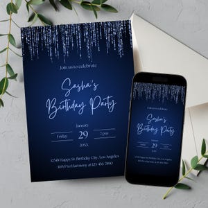 Editable Blue Birthday Invitation for Women, Printable All Navy Blue Birthday Party Invitation, Classy Dripping Glitter Text Invite Template