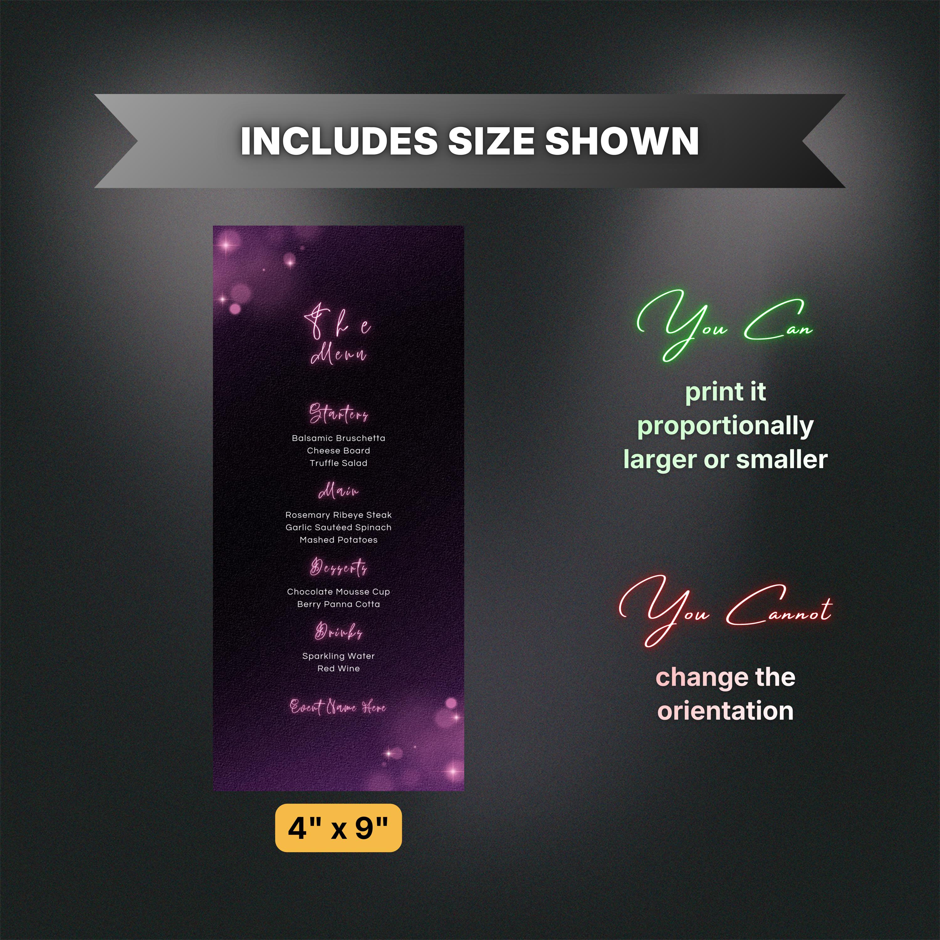 Editable Purple Neon Menu, Printable Purple Dinner Menu, Elegant Neon ...