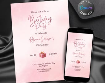 Editable Shades of Pink Birthday Invitation for Women, Printable All Pink Birthday Party Invitation, Elegant Pastel Text Invite Template