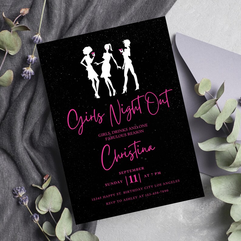 Editable Girls Night Out Invitation, Printable Pink Black Cocktail ...