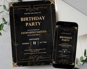 Invitación de cumpleaños editable en negro y dorado, invitación imprimible con mármol dorado, plantilla elegante con texto en mármol negro.