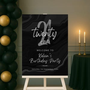 Editable Blue and Silver Welcome Sign for Men, Printable Black Birthday Party Welcome Poster, Classy Silver Marble Text Decoration Template