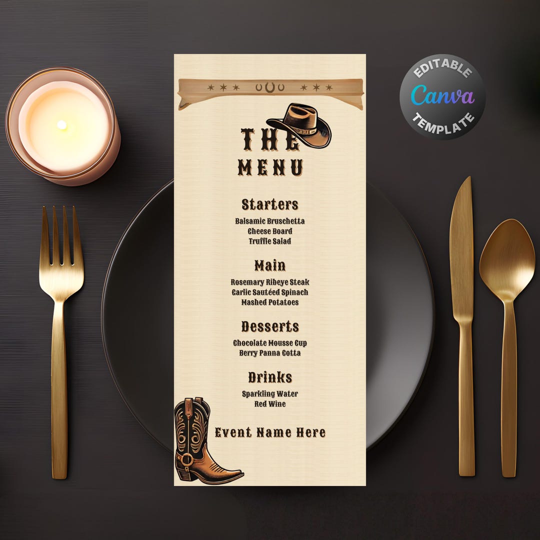Editable Western Cowboy Beige Menu, Printable Rustic Dinner Menu ...