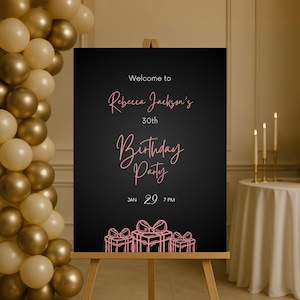 Editable Black and Pink Birthday Welcome Sign for Women, Printable Luxury Black Birthday Party Sign, Classy Gifts Birthday Poster Template