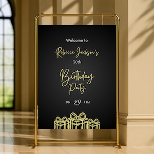 Editable Black and Yellow Birthday Welcome Sign, Printable Luxury Black Birthday Party Sign, Classy Yellow Gifts Birthday Poster Template