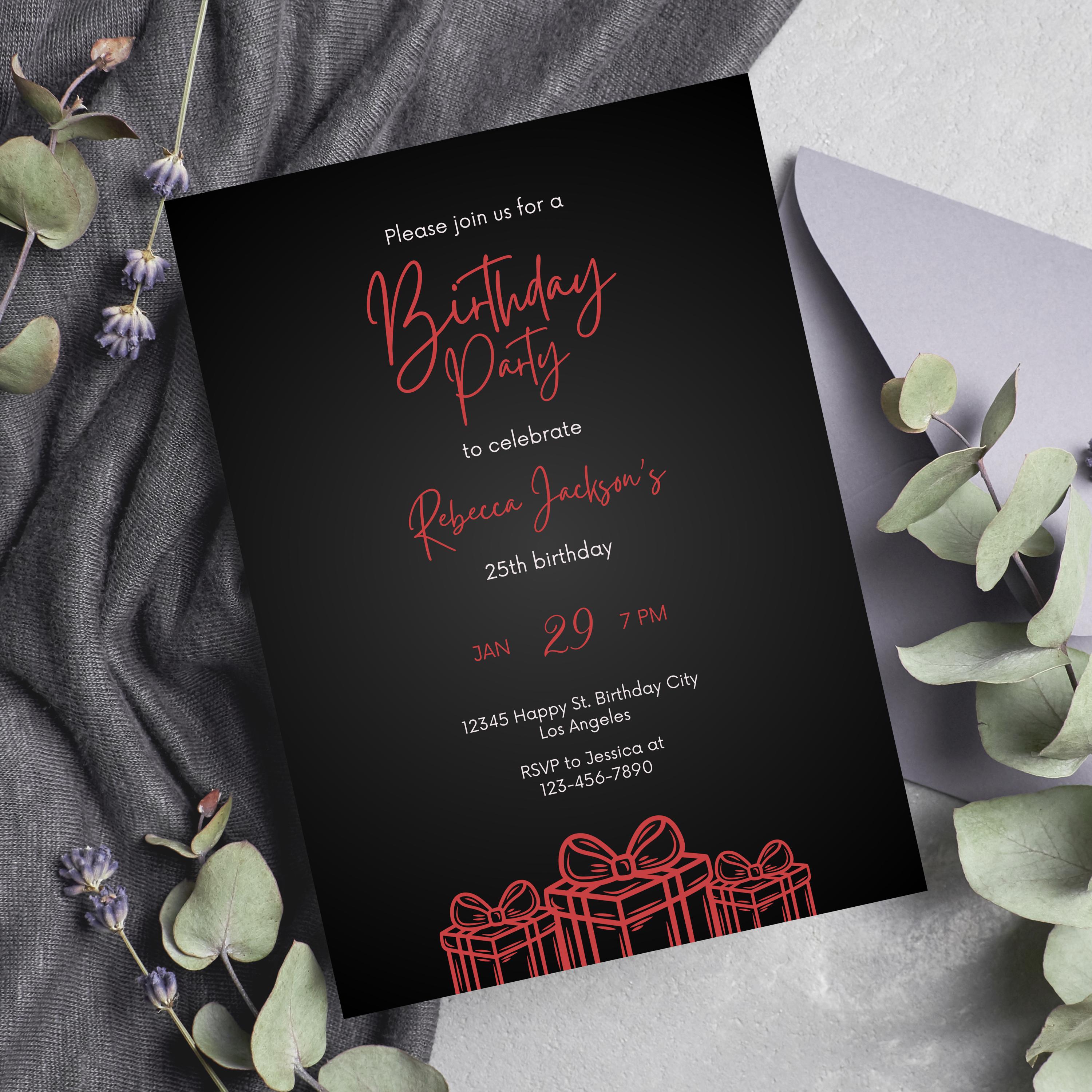 Editable Black and Ruby Red Birthday Invitation, Printable Luxury Black ...