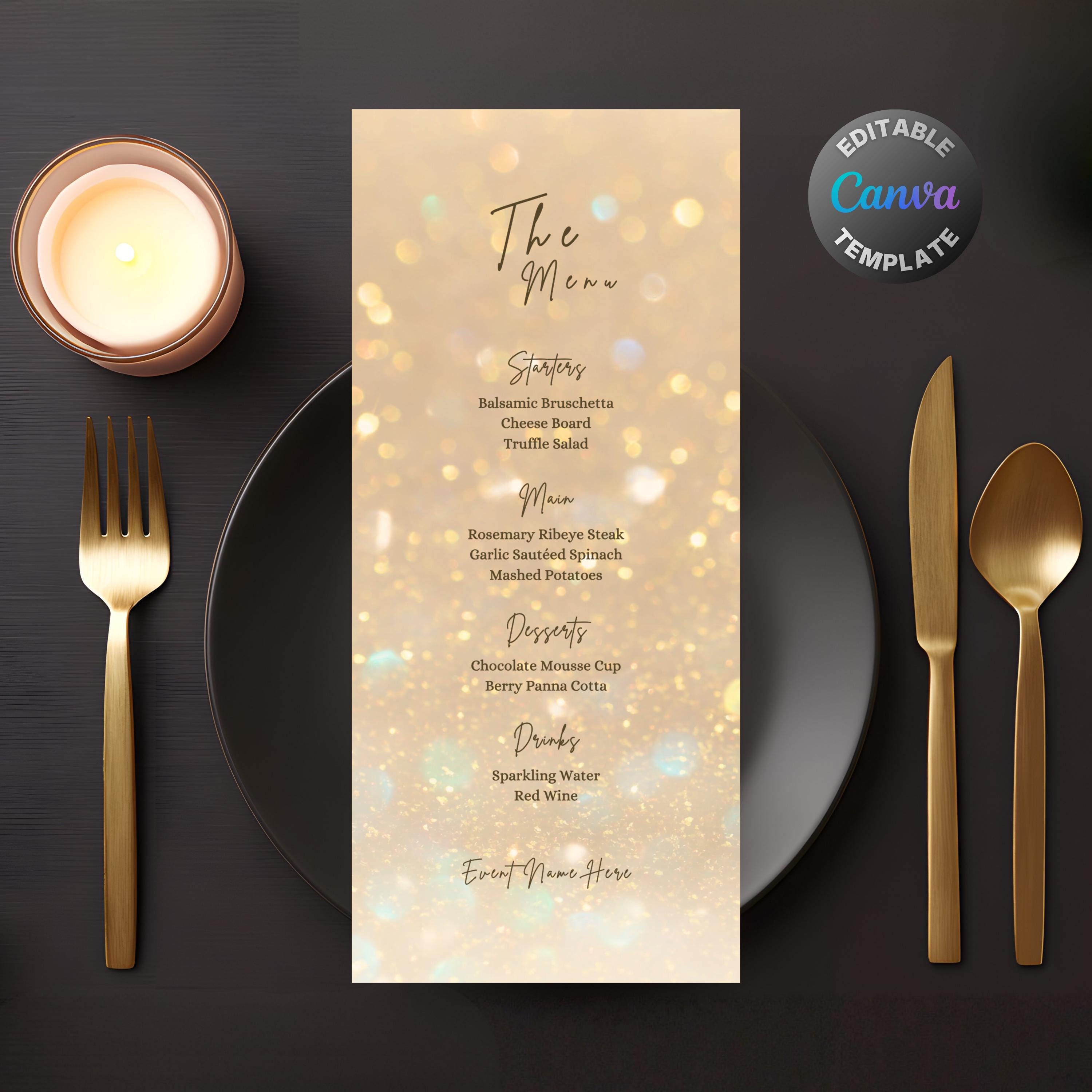 Editable All Gold Menu, Printable Gold Glitter Dinner Menu, Elegant ...