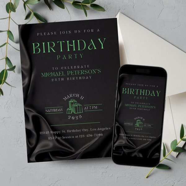 Editable Birthday Party Invitation, Printable Agate Black and Green Invite Template, Bday Adult Men Women Mobile Text Evite Digital Download