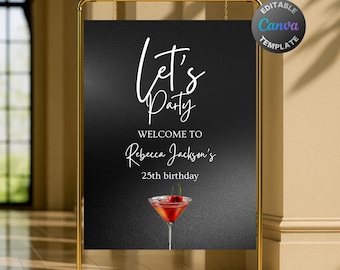 Bearbeitbares rotes Martini-Willkommensschild für Frauen, druckbares Cocktail-Geburtstagsfeier-Willkommensplakat, edle Dekorationsvorlage für schwarzen und roten Text