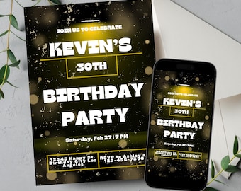 Invitación de cumpleaños editable en negro y dorado, invitación imprimible con brillo dorado, plantilla elegante con texto brillante dorado.