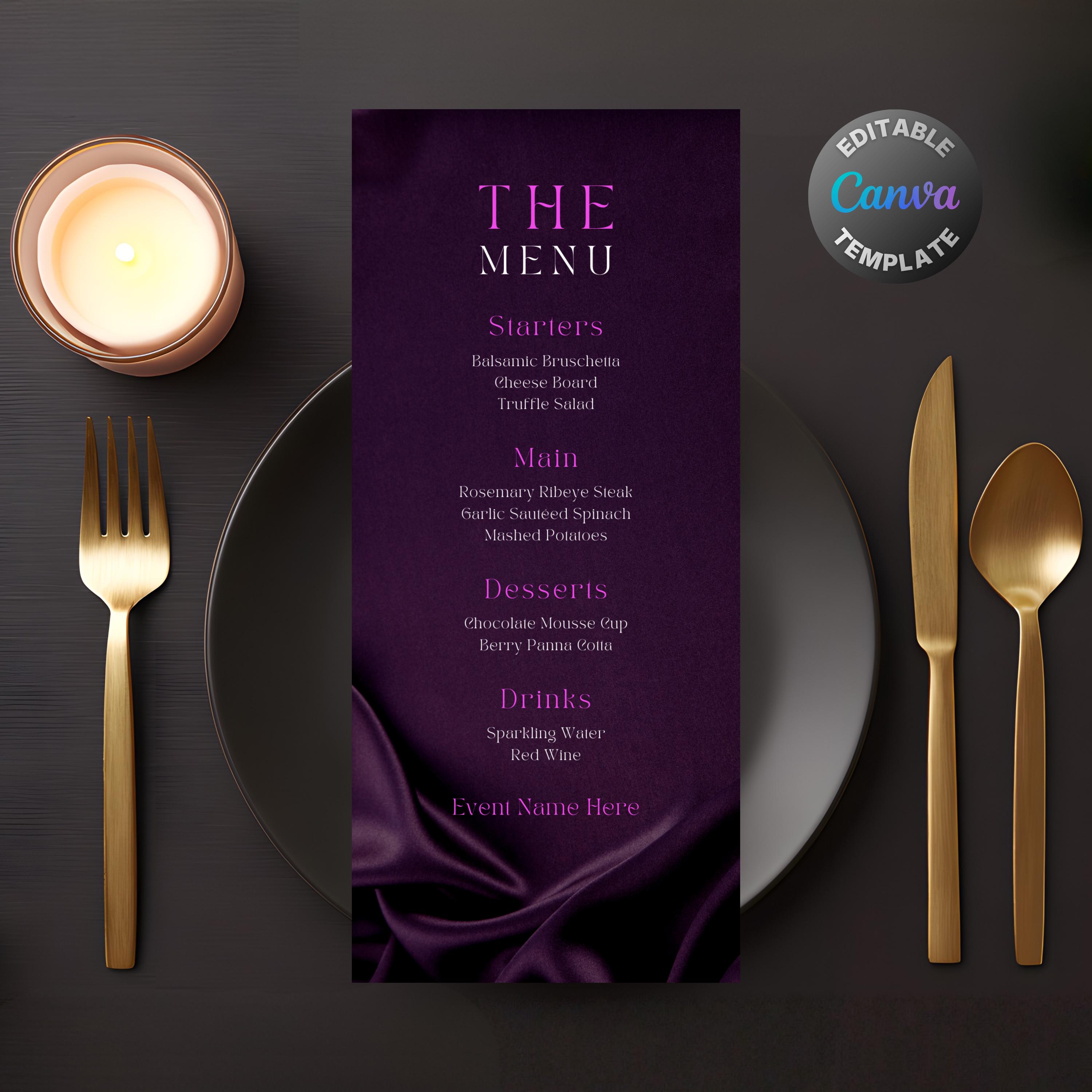 Editable Purple Satin Menu, Printable Purple Silk Dinner Menu, Classy ...