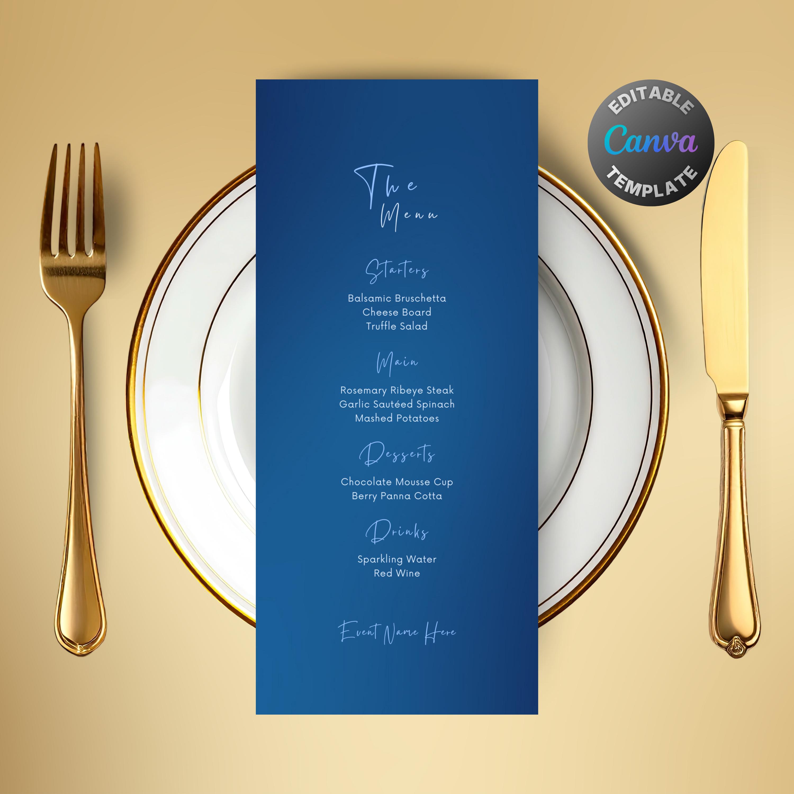 Editable Blue Menu, Printable All Blue Dinner Menu, Classy Blue ...