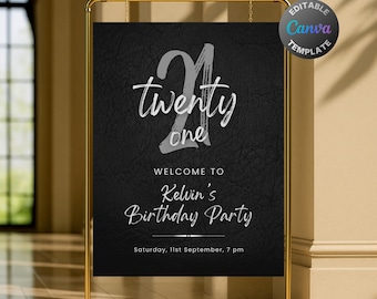 Editable Black and Silver Welcome Sign, Printable Black and Gray Birthday Party Welcome Poster, Classy Black Leather Decoration Template