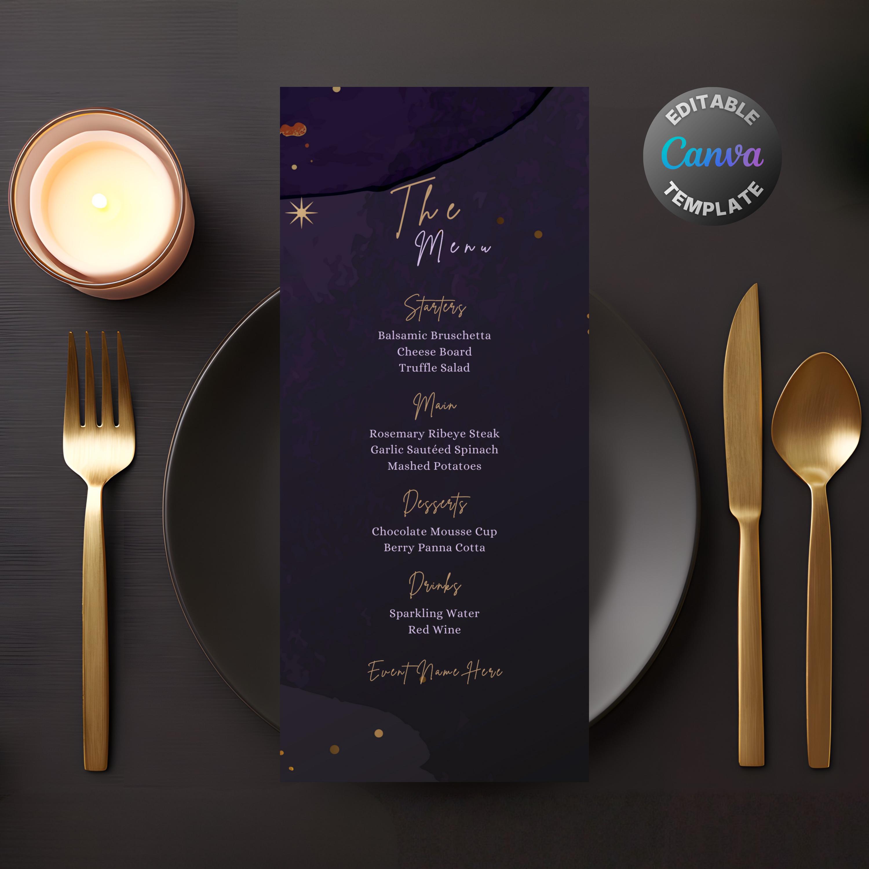 Editable Midnight Purple Menu, Printable Midnight Purple Dinner Menu ...