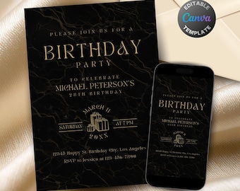 Invitación de cumpleaños editable en negro y dorado para hombre, invitación imprimible de lujo para fiesta de cumpleaños en negro, plantilla elegante con texto en mármol.