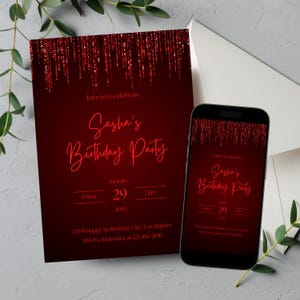 Editable Red Birthday Invitation for Women, Printable Hot Red Birthday Party Invitation, Classy Red Dripping Glitter Text Invite Template
