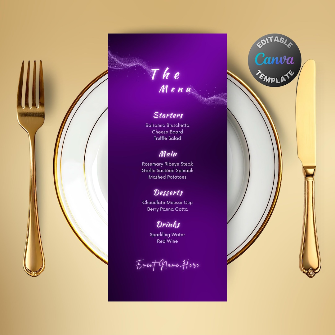 Editable Neon Purple Glow Menu, Printable Violet Dinner Menu, Stylish ...