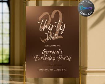Letrero de bienvenida de cumpleaños editable en tonos marrones, letrero imprimible para fiesta de cumpleaños totalmente marrón, plantilla elegante de póster de cumpleaños marrón