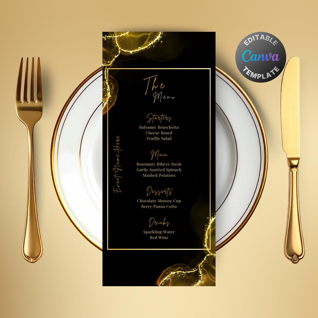 Editable Black Gold Sparkle Menu, Printable Gold Black Dinner Menu ...