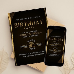 Editable Black and Gold Birthday Invitation, Printable Gold Birthday Party Invitation, Classy Golden Glitter Text Invite Template