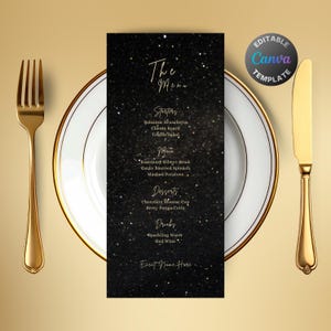 Editable Black Starry Gold Menu, Printable Midnight Dinner Menu, Classy Galaxy Sparkle Party Menu, Luxury Cosmic Gold Birthday Menu Template