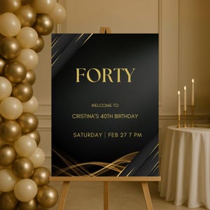 Editable Black and Gold Welcome Sign, Printable Birthday Party Welcome Poster for Women, Elegant Modern Gold Text Decoration Template