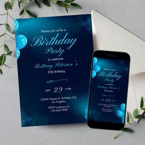 Editable Blue Birthday Invitation, Printable Deep Blue Birthday Party Invitation, Elegant Aqua Blue Balloons Text Invite Template