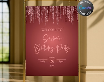 Editable Rose Gold Welcome Sign for Women, Printable Rose Gold Birthday Party Welcome Poster, Chic Dripping Glitter Text Decoration Template