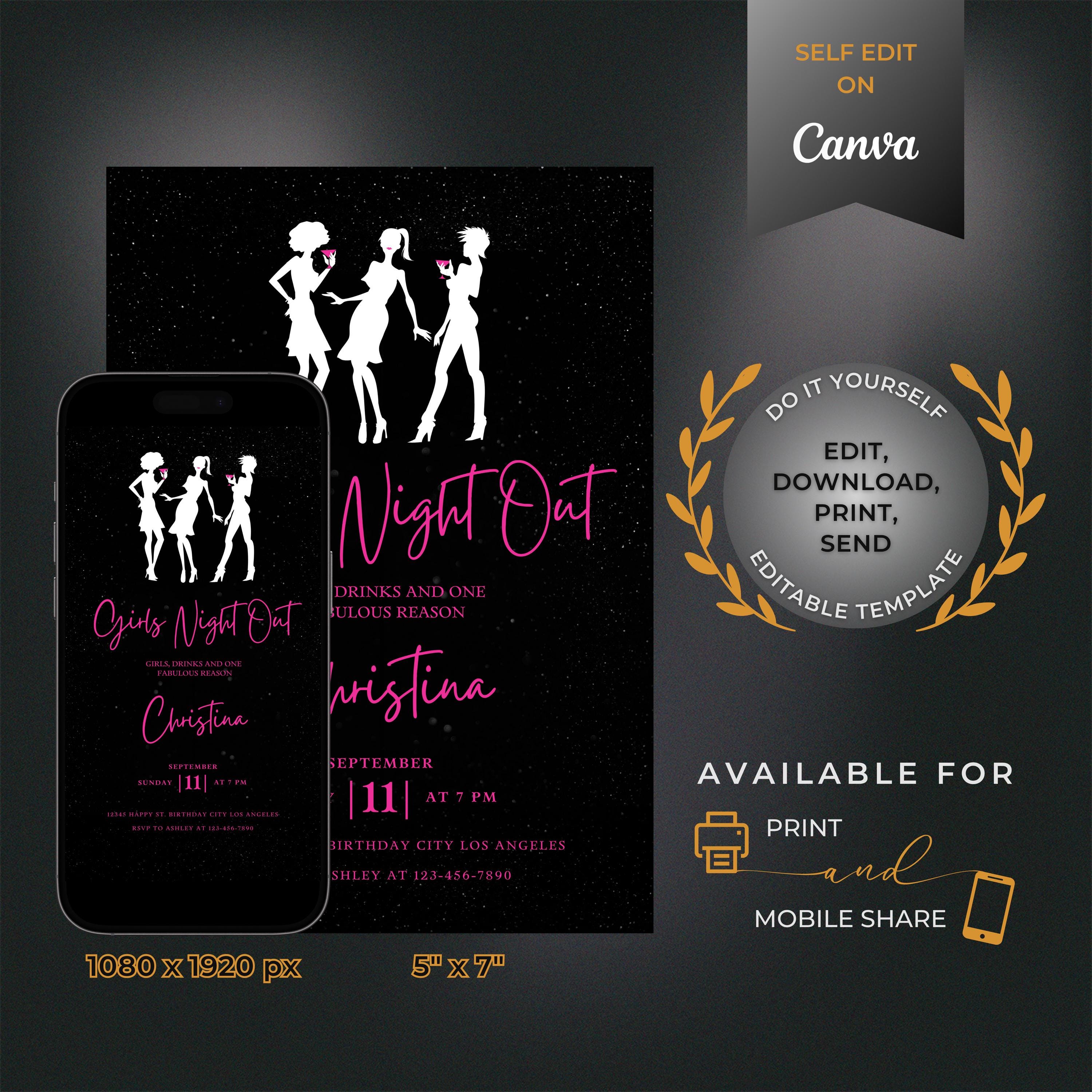 Editable Girls Night Out Invitation, Printable Pink Black Cocktail ...