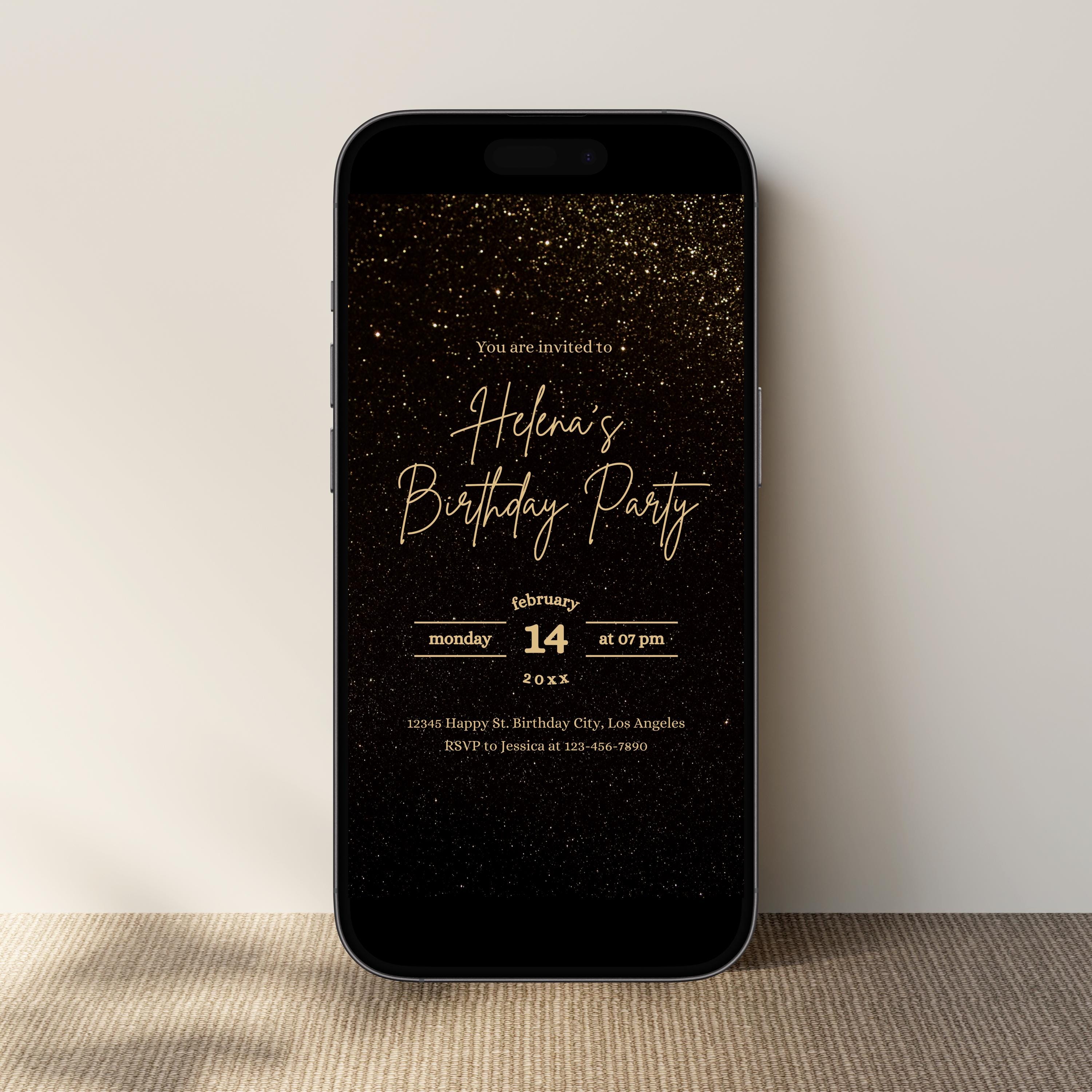 Editable Black and Gold Birthday Invitation for Women, Feminine Golden ...