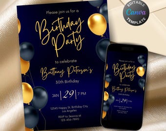 Editable Blue and Gold Birthday Invitation for Men, Printable Navy Blue Birthday Party Invitation, Classy Balloons Text Invite Template
