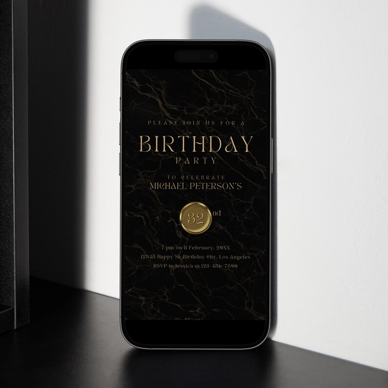 Editable Black and Gold Birthday Invitation for Men, Printable Luxury ...