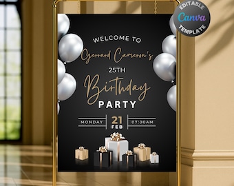 Editable Black Silver Gold Welcome Sign, Printable Black and Silver Birthday Party Welcome Poster, Classy Balloons Text Decoration Template