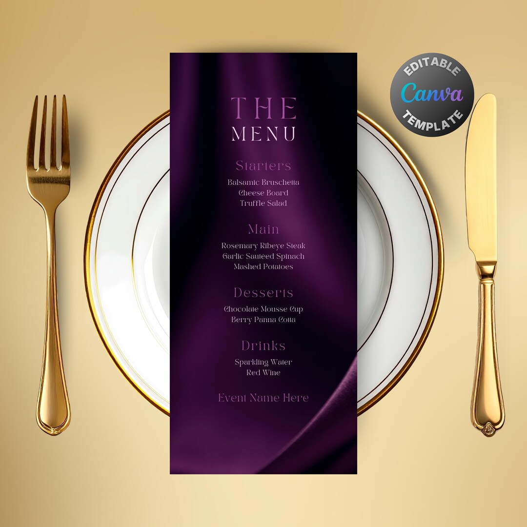 Editable Purple Satin Menu, Printable Purple Silk Dinner Menu, Classy ...