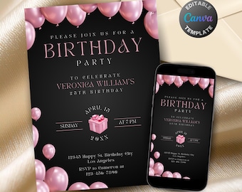 Editable Black and Pink Birthday Invitation, Printable Pink Balloons Birthday Party Invitation, Elegant Pink Gifts Text Invite Template