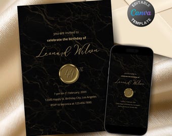 Editable Black and Gold Birthday Invitation for Men, Printable Luxury Men Birthday Party Invitation, Classy Gold Marble Text Invite Template